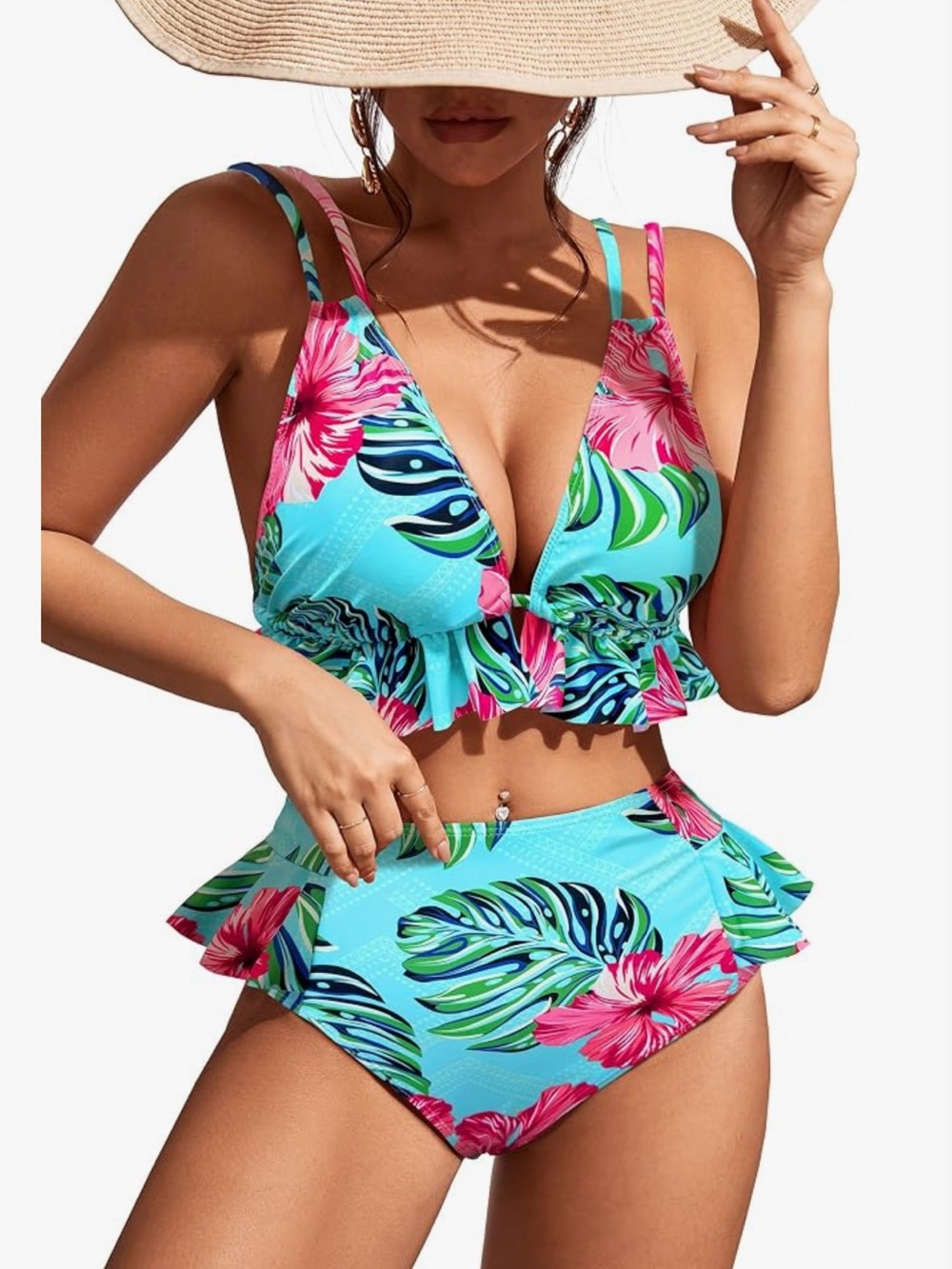 Tropical Floral Ruffle Two-Piece Swimsuit - Aqua Pink Green